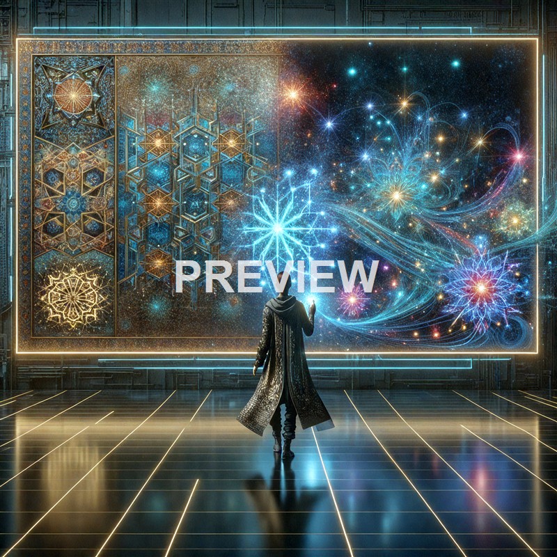 A person in a long coat stands in front of a large, illuminated digital display filled with colorful, intricate patterns resembling stars and geometric shapes, with a glowing grid on the floor.